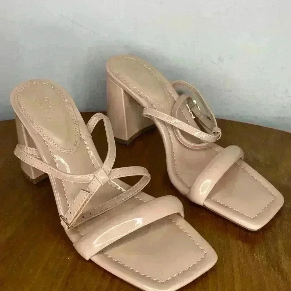 ASOS DESIGN Hilton Barely There Block Heeled Sandal Beige Heel 3" Strappy Size 9
